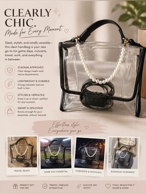 Vorspack clear PVC purse with black trim and a pearl chain handle